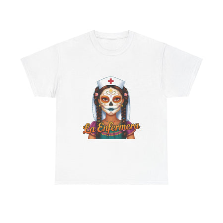 A picture of a nurse wearing a t shirt with a graphic of the day of the dead nurse on the front and it reads La Enfermera