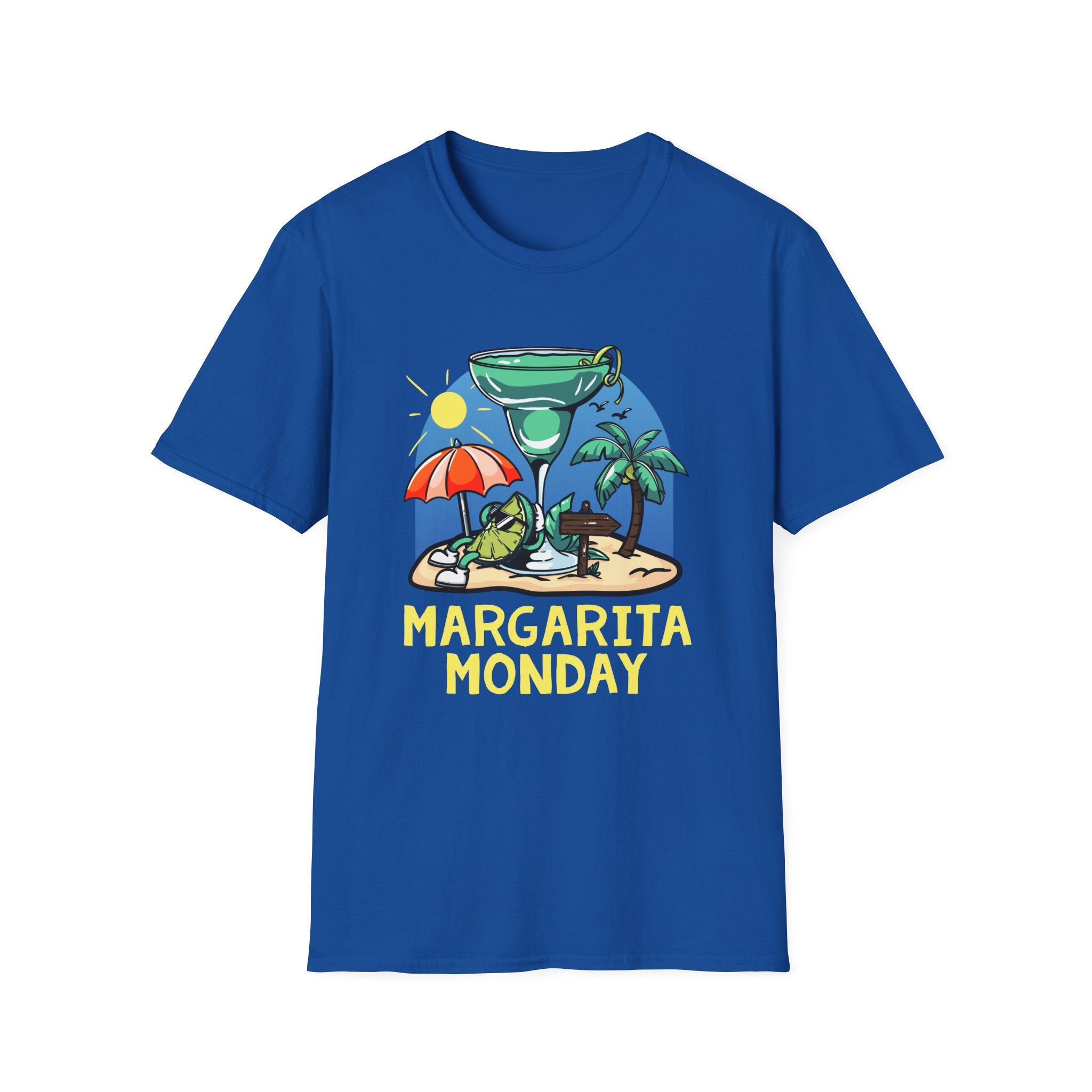 a Royal Blue t-shirt with a fun "Margarita Monday" design, showcasing tropical vibes with a large margarita glass, palm trees, and a beach scene. This image highlights creative Margarita Monday t-shirt design ideas, perfect for adding a touch of relaxation and celebration to casual outfits. The colorful artwork captures the spirit of a beach getaway, making this shirt a great choice for Margarita Monday fans.