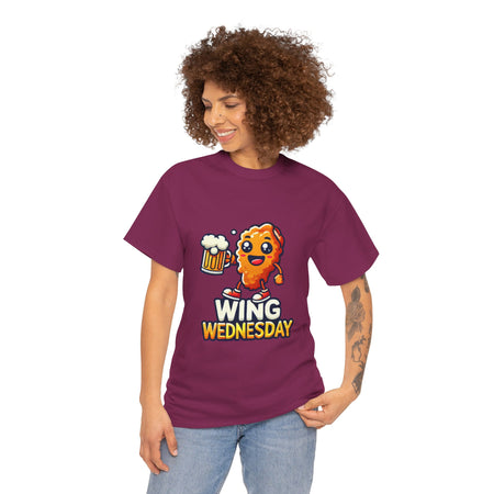 Berry Wing Wednesday' t-shirt featuring a cheerful, cartoon-style chicken wing character holding a beer mug. Perfect for those who love celebrating Wing Wednesday with a fun and playful design.