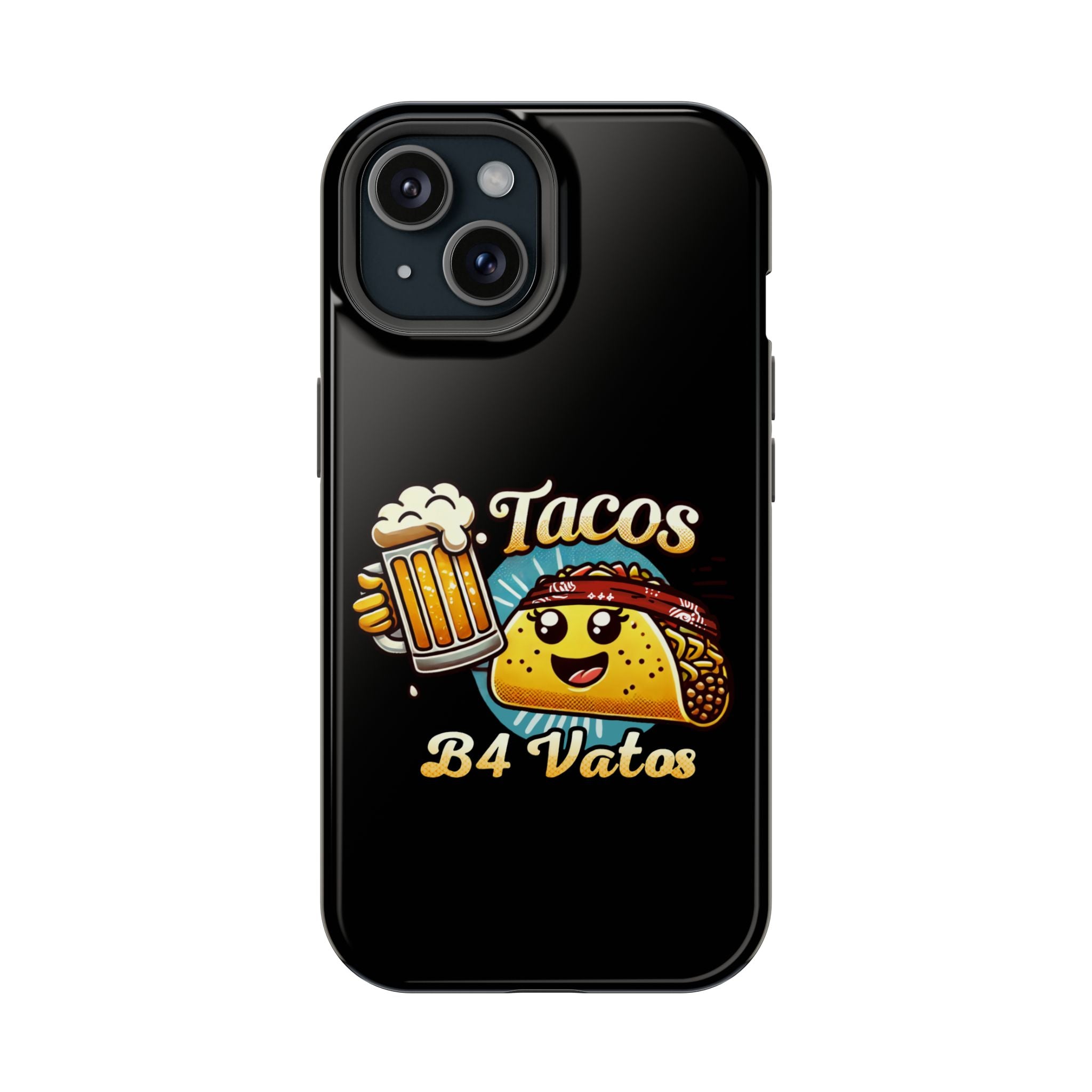 iPhone 16 magnetic phone case featuring a playful 'Tacos B4 Vatos' design with a cheerful taco character holding a frothy beer mug. Perfect for taco lovers who want a fun and unique phone accessory.