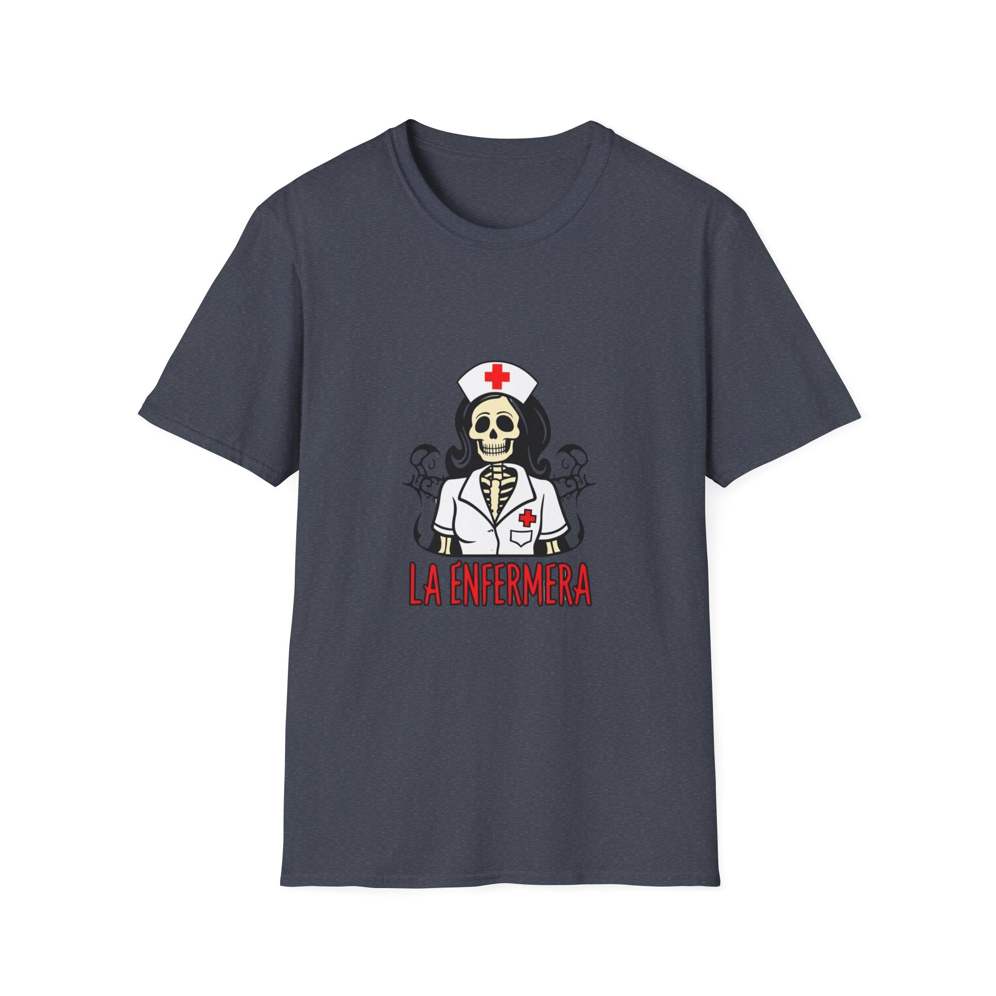 Illustration of a "La Enfermera Loteria Shirt" featuring a skeleton nurse in a white nurse's uniform with a red cross on the cap and chest. The design resembles a traditional loteria card with the text "La Enfermera" in bold red letters, perfect for Día de los Muertos and healthcare themes.