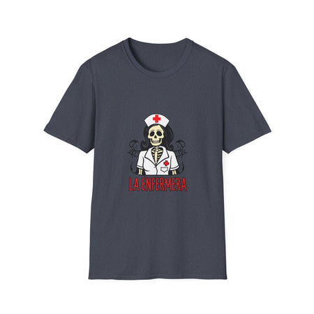 Illustration of a "La Enfermera Loteria Shirt" featuring a skeleton nurse in a white nurse's uniform with a red cross on the cap and chest. The design resembles a traditional loteria card with the text "La Enfermera" in bold red letters, perfect for Día de los Muertos and healthcare themes.