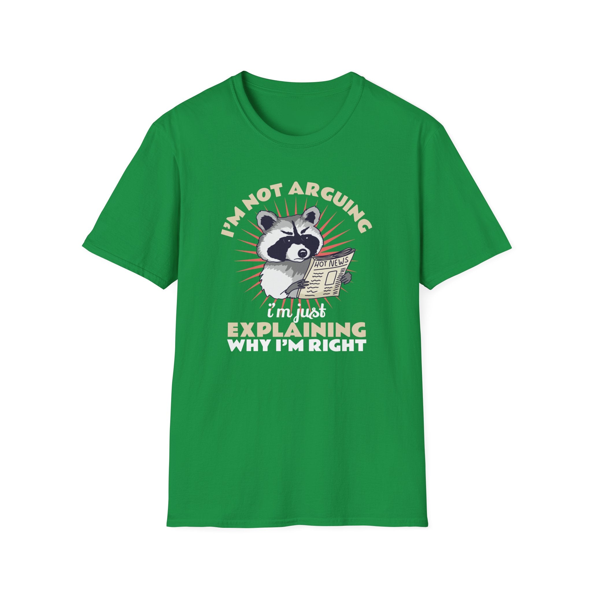 Irish Green T-shirt featuring a humorous raccoon graphic holding a newspaper with the text 'I'm Not Arguing, I'm Just Explaining Why I'm Right.' Ideal for those with a witty, playful personality who appreciate sarcastic humor.