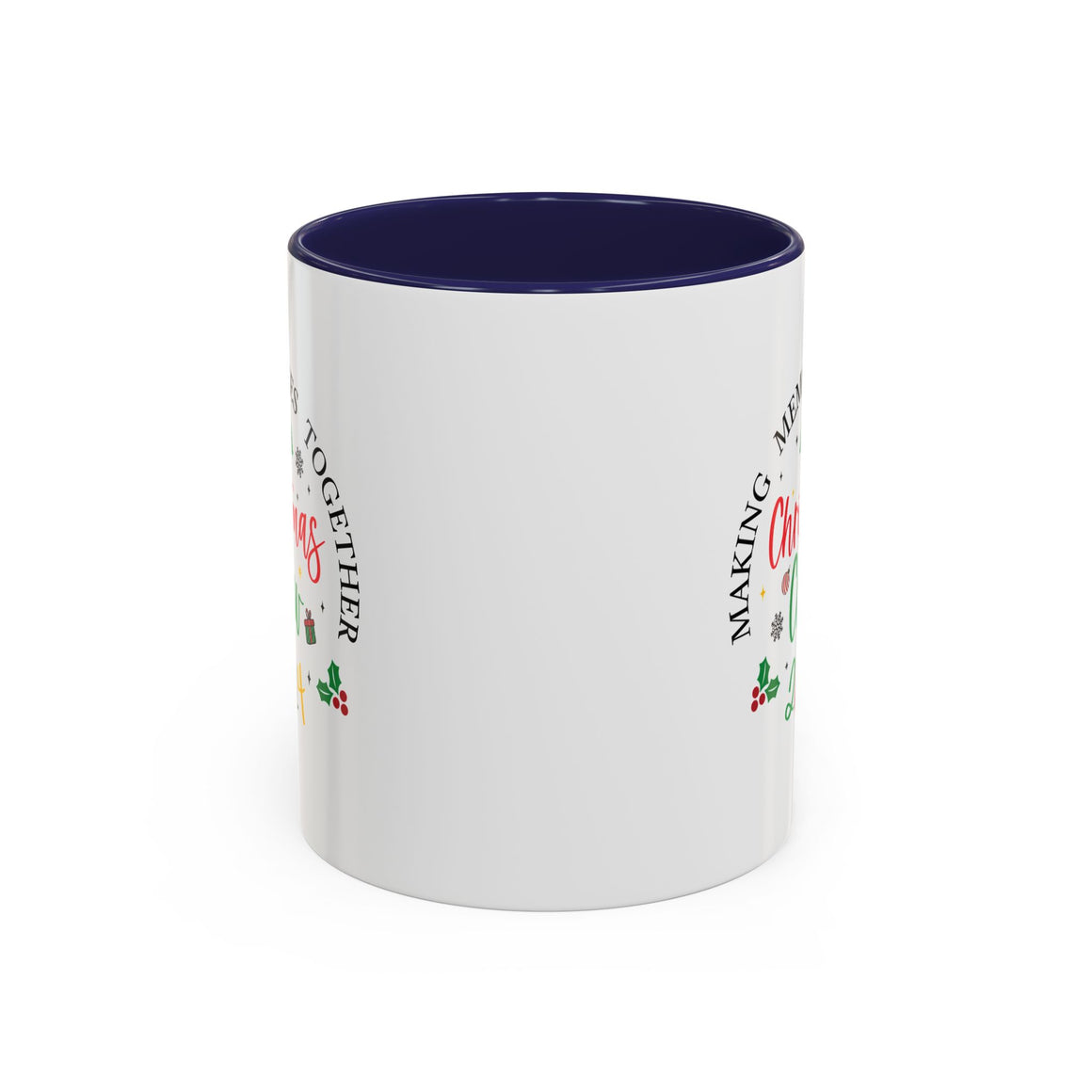 A white Festive Christmas Coffee Cup featuring a colorful "Christmas Crew 2024" design. The text reads "Making Memories Together" with holiday-themed icons, including Christmas trees, snowflakes, holly, and a small gift box. This cheerful cup is perfect for spreading holiday cheer and enjoying warm drinks during the festive season.