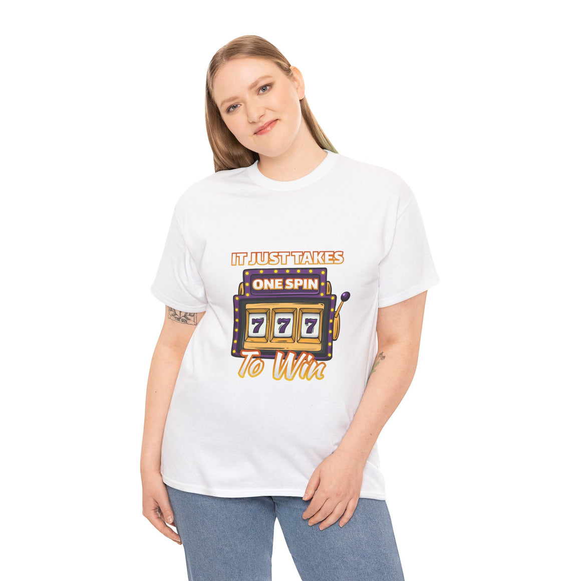Person wearing a white t-shirt with the text "It Just Takes One Spin To Win" and a slot machine showing triple sevens. This shirt is one of the humorous casino-inspired shirts, perfect for anyone who enjoys a touch of gambling humor and the excitement of casino games.