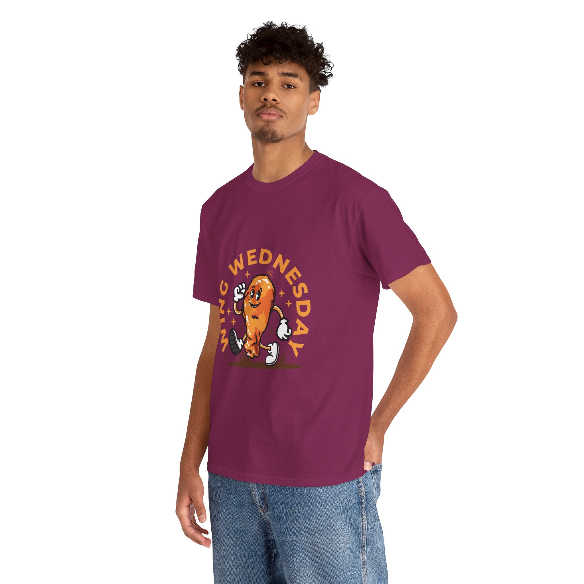 T-shirt featuring a fun 'Wing Wednesday' design with a cartoon-style chicken wing character in motion. Perfect for food lovers and those who enjoy celebrating Wing Wednesday in style.