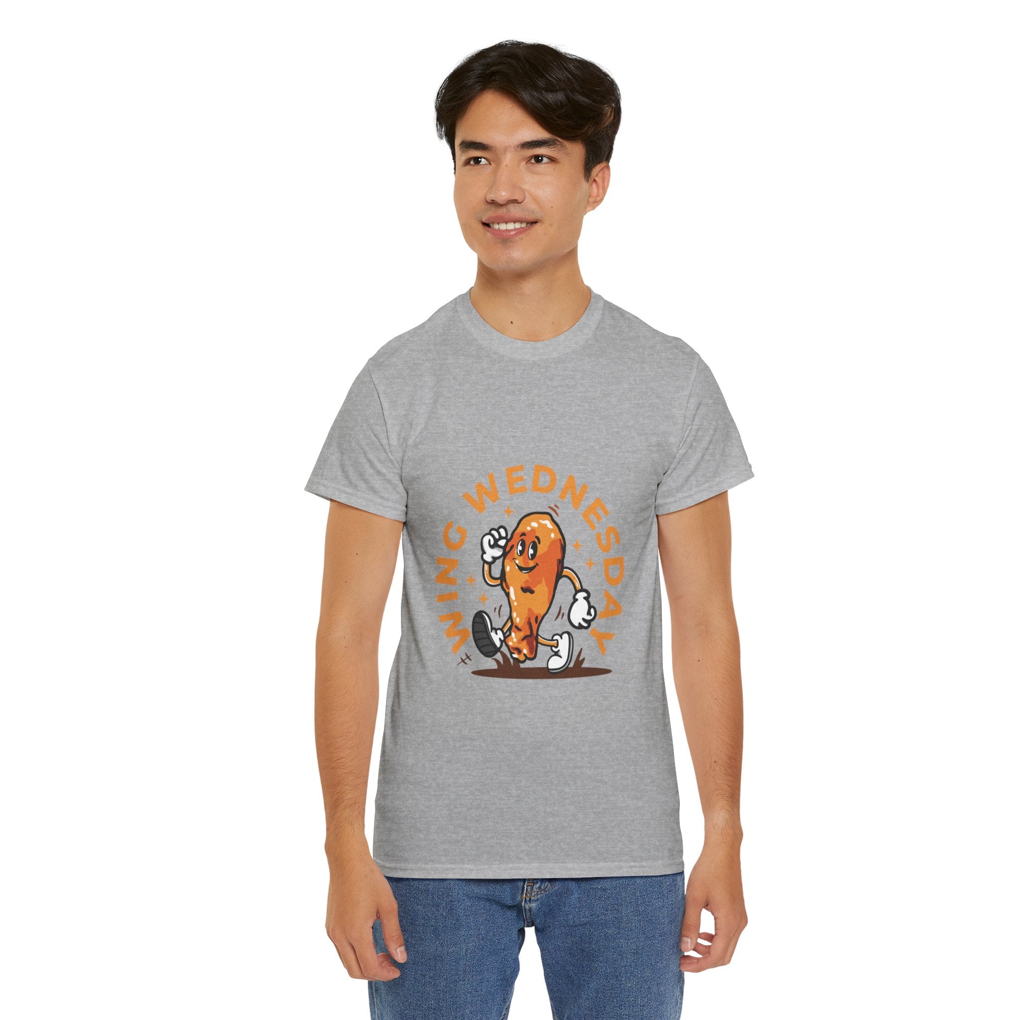 T-shirt featuring a fun 'Wing Wednesday' design with a cartoon-style chicken wing character in motion. Perfect for food lovers and those who enjoy celebrating Wing Wednesday in style.