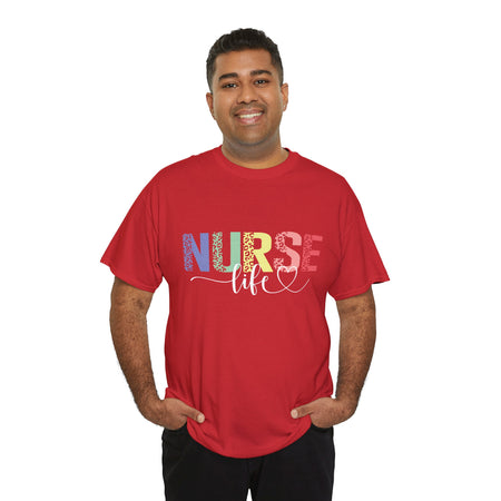 a man wearing a A red t-shirt with a colorful 'Nurse Life' design, showcasing nurse life t-shirt nurse week ideas for a stylish and professional look.