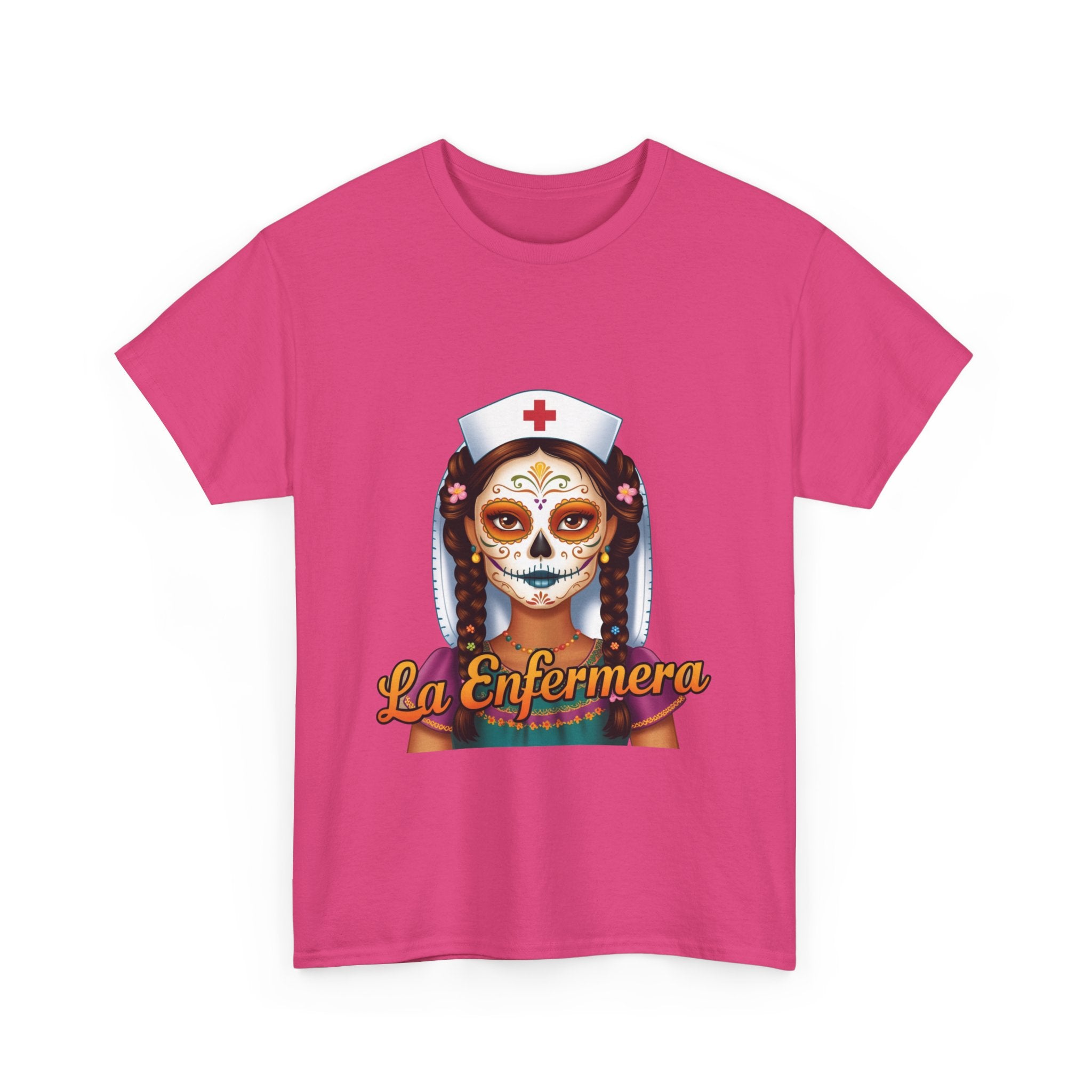 A picture of a nurse wearing a t shirt with a graphic of the day of the dead nurse on the front and it reads La Enfermera