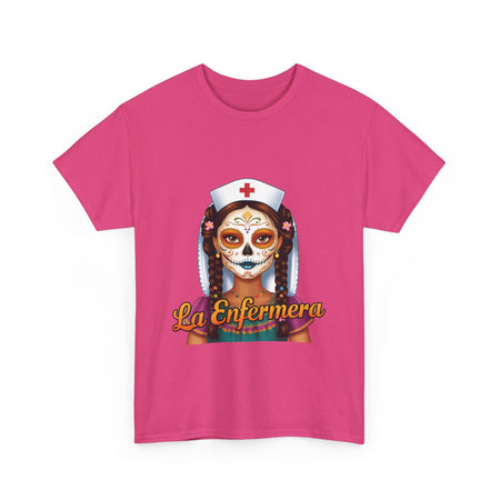 A picture of a nurse wearing a t shirt with a graphic of the day of the dead nurse on the front and it reads La Enfermera