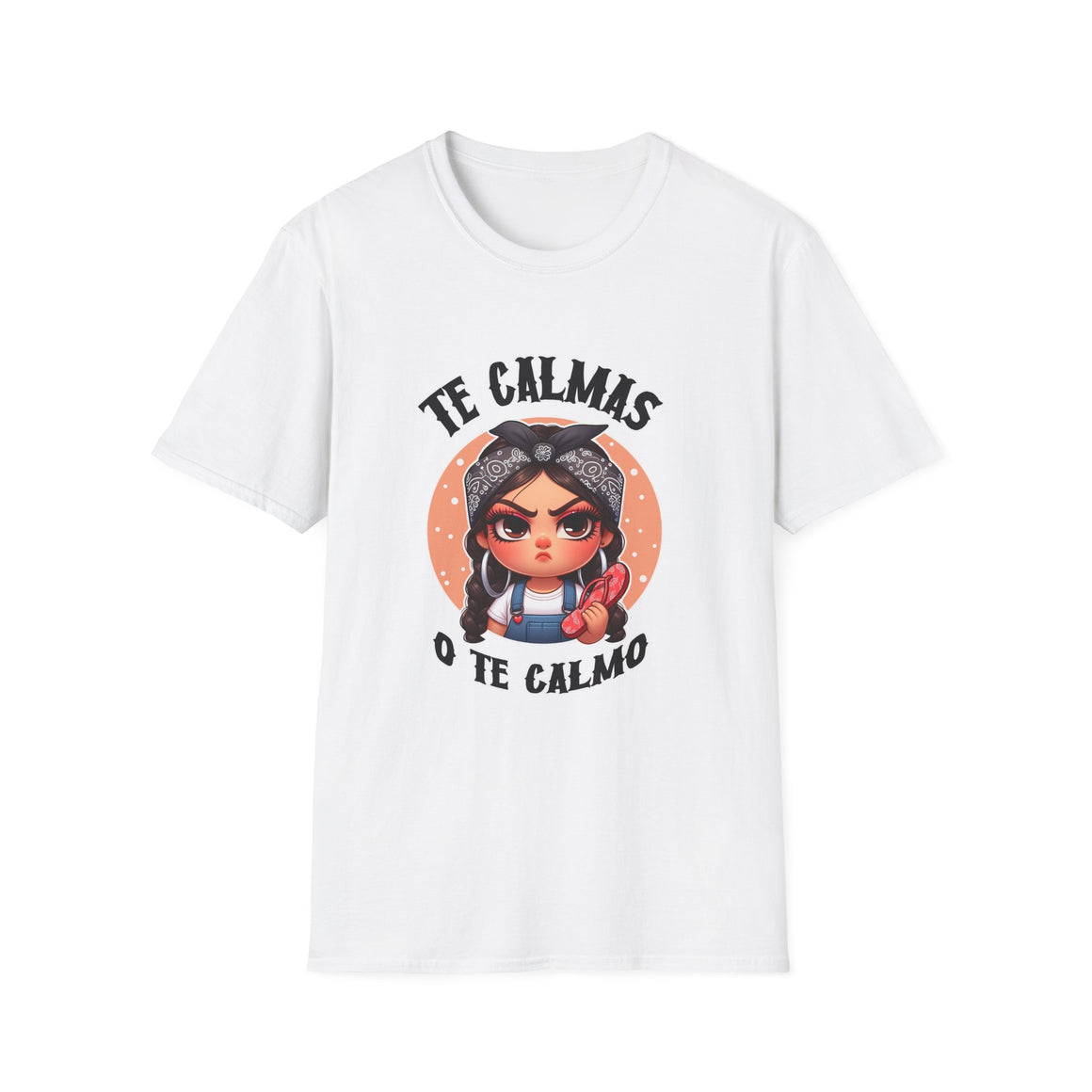 White T-shirt featuring a feisty cartoon character with the Spanish phrase 'Te Calmas o Te Calmo,' adding a humorous and bold statement. Ideal for those with a playful attitude and love for expressive, culturally inspired designs