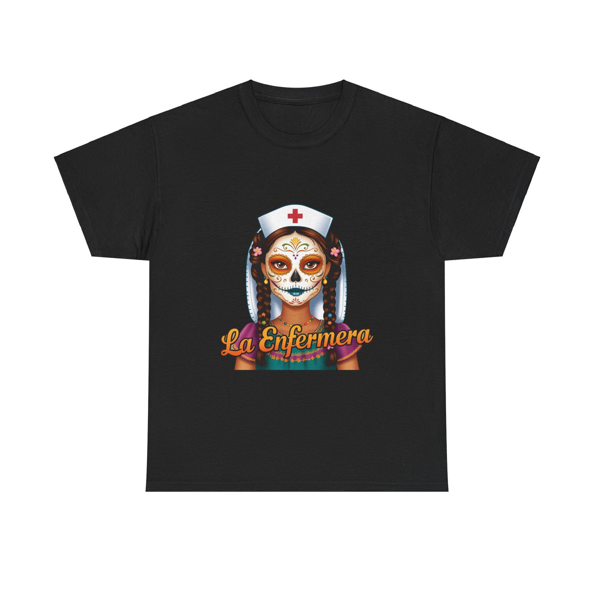 A picture of a nurse wearing a t shirt with a graphic of the day of the dead nurse on the front and it reads La Enfermera