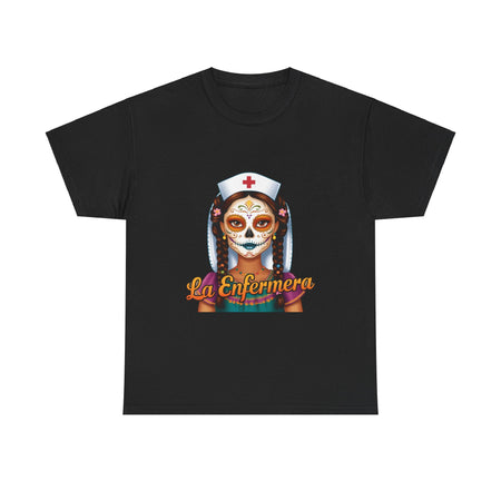 A picture of a nurse wearing a t shirt with a graphic of the day of the dead nurse on the front and it reads La Enfermera