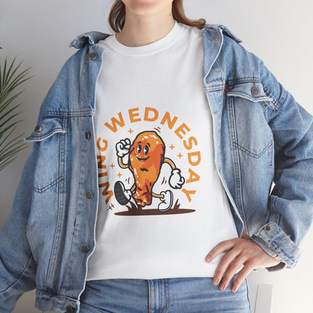 White T-shirt featuring a fun 'Wing Wednesday' design with a cartoon-style chicken wing character in motion. Perfect for food lovers and those who enjoy celebrating Wing Wednesday in style.