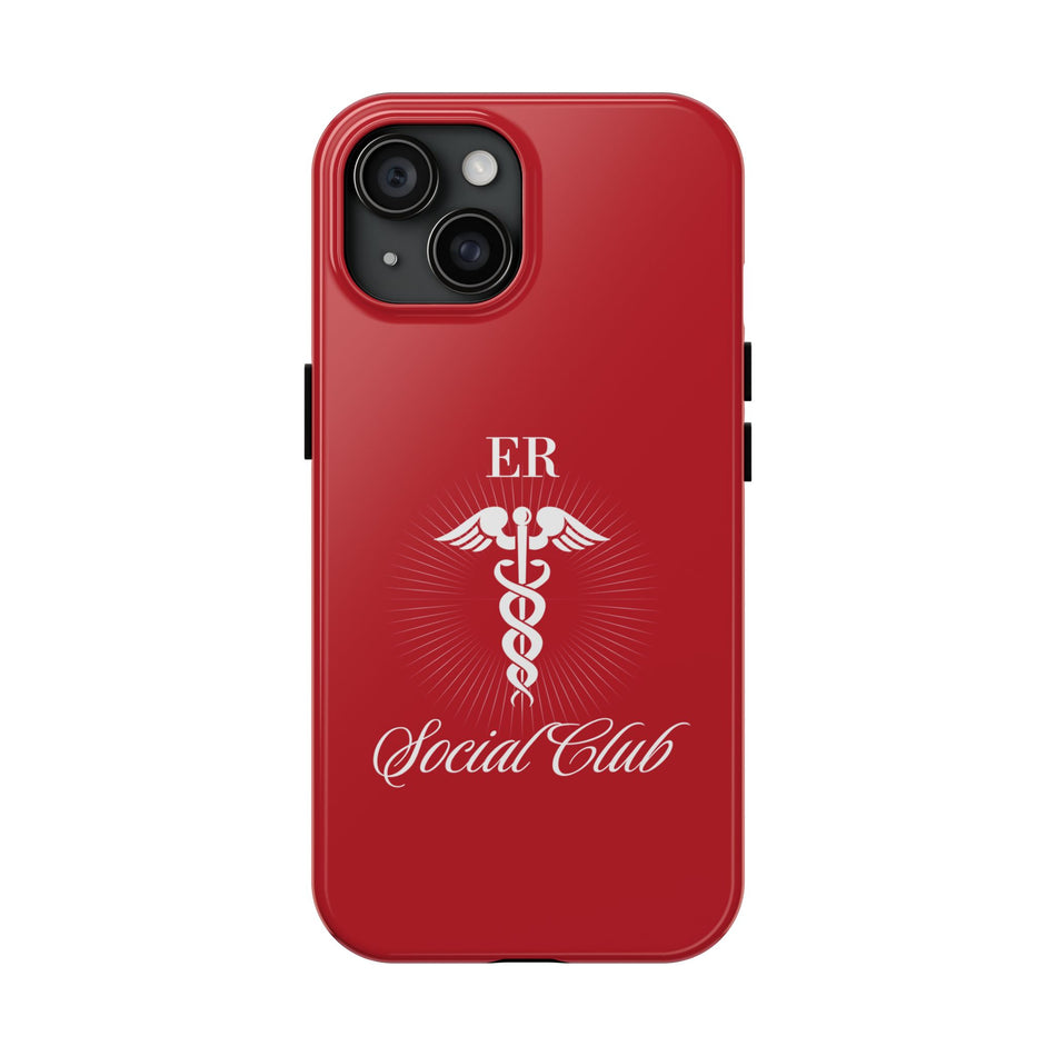 ER Social Club tough phone case in vibrant red with a white Caduceus symbol, representing emergency medical services. The case features the text 'ER Social Club' in elegant script, combining style with durable protection for healthcare professionals. Compatible with iPhone and Samsung models, this case offers impact resistance and a glossy finish for a professional and stylish look.