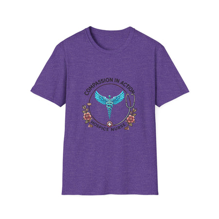 Heather Purple  hospice nurse t-shirt featuring the phrase 'Compassion in Action' with a medical caduceus symbol, flowers, and stethoscope graphic. Ideal for hospice nurses who bring compassion and care to their work.