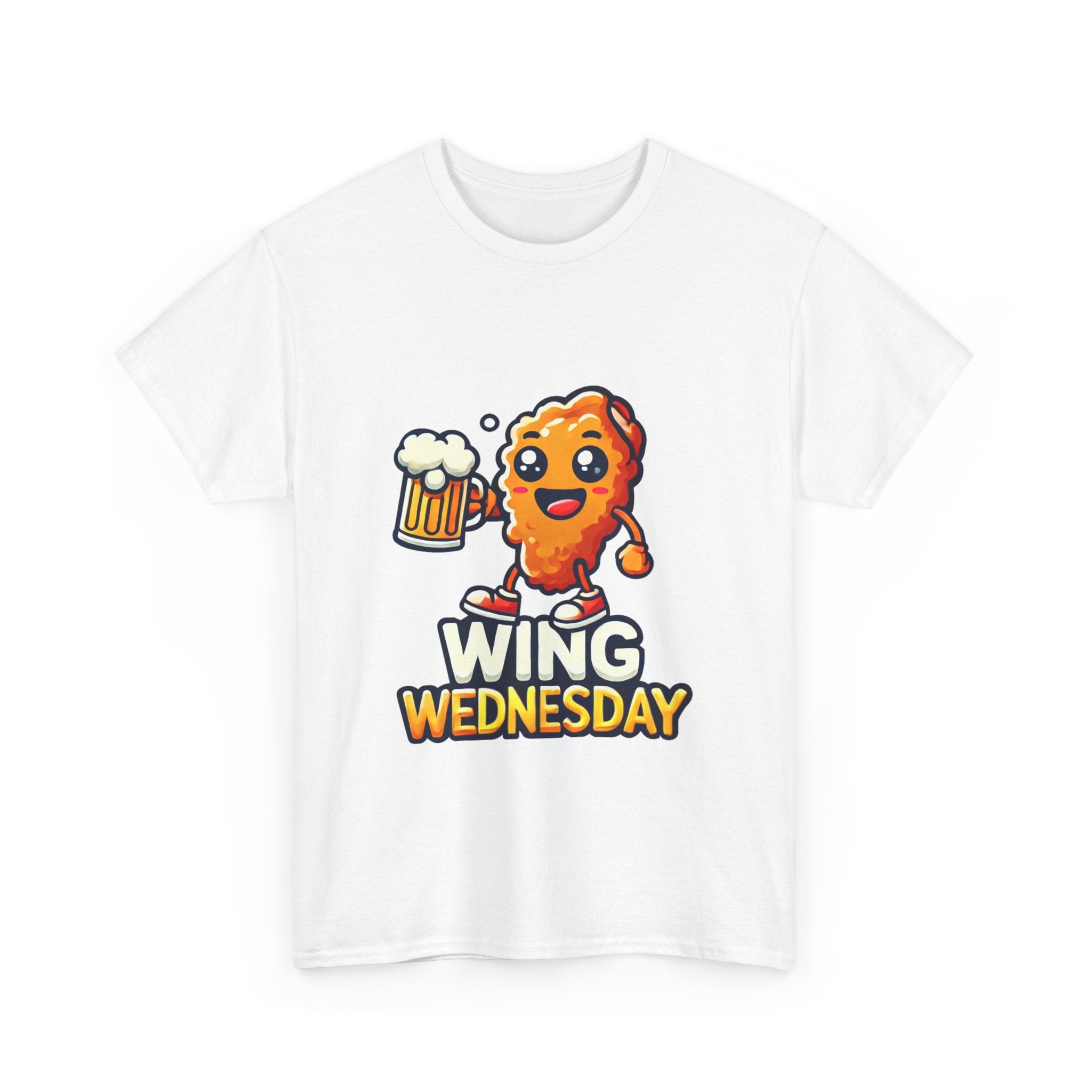 White Wing Wednesday' t-shirt featuring a cheerful, cartoon-style chicken wing character holding a beer mug. Perfect for those who love celebrating Wing Wednesday with a fun and playful design.