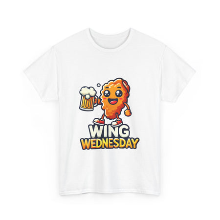White Wing Wednesday' t-shirt featuring a cheerful, cartoon-style chicken wing character holding a beer mug. Perfect for those who love celebrating Wing Wednesday with a fun and playful design.