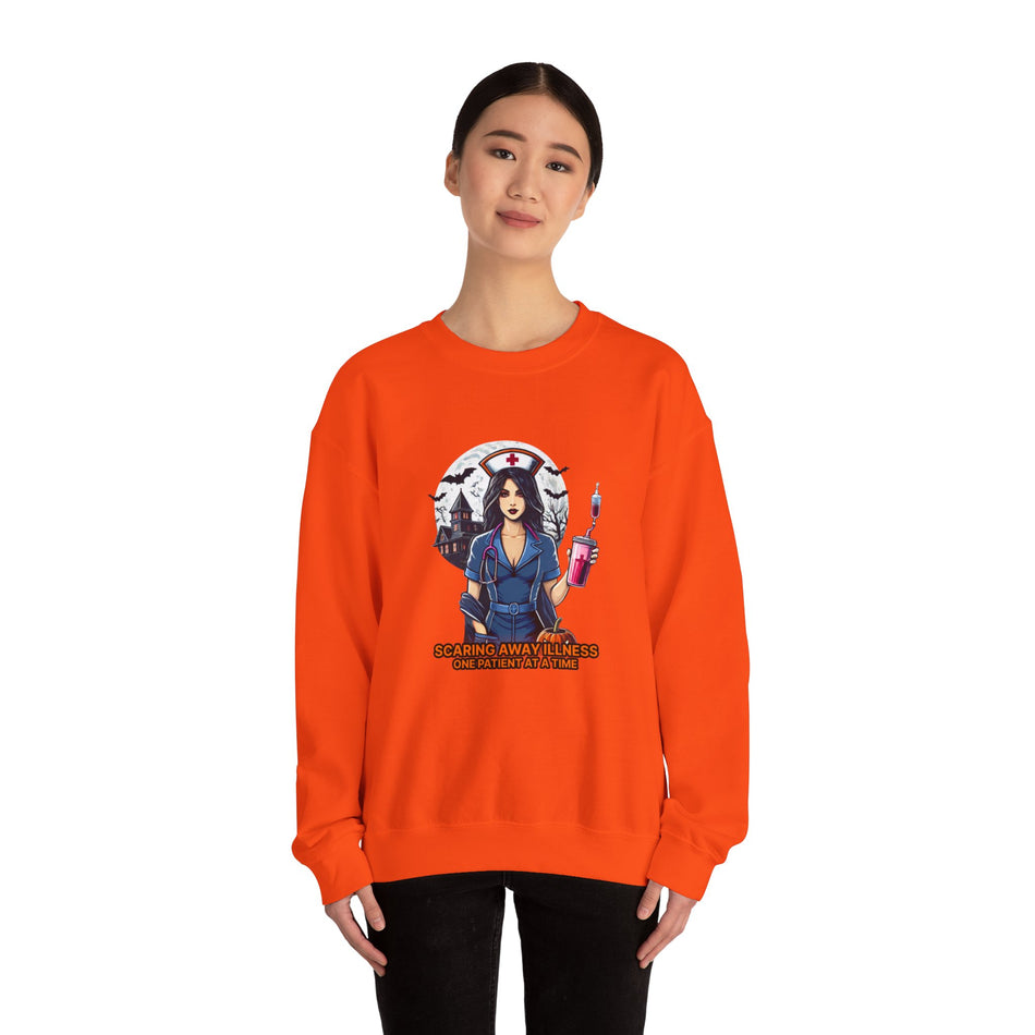 Unisex Halloween Nurse Sweatshirt | Scaring Away Illness Design | Cozy and Durable Crewneck
