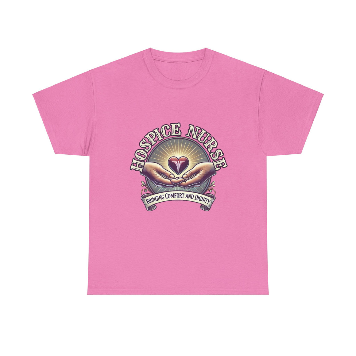 Light Pink Hospice nurse t-shirt featuring a compassionate design with hands holding a heart and the phrase 'Bringing Comfort and Dignity,' symbolizing the care and support provided by hospice nurses. Ideal for hospice nurses who are dedicated to their mission.