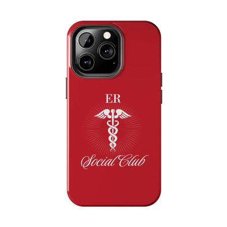 ER Social Club tough phone case in vibrant red with a white Caduceus symbol, representing emergency medical services. The case features the text 'ER Social Club' in elegant script, combining style with durable protection for healthcare professionals. Compatible with iPhone and Samsung models, this case offers impact resistance and a glossy finish for a professional and stylish look.