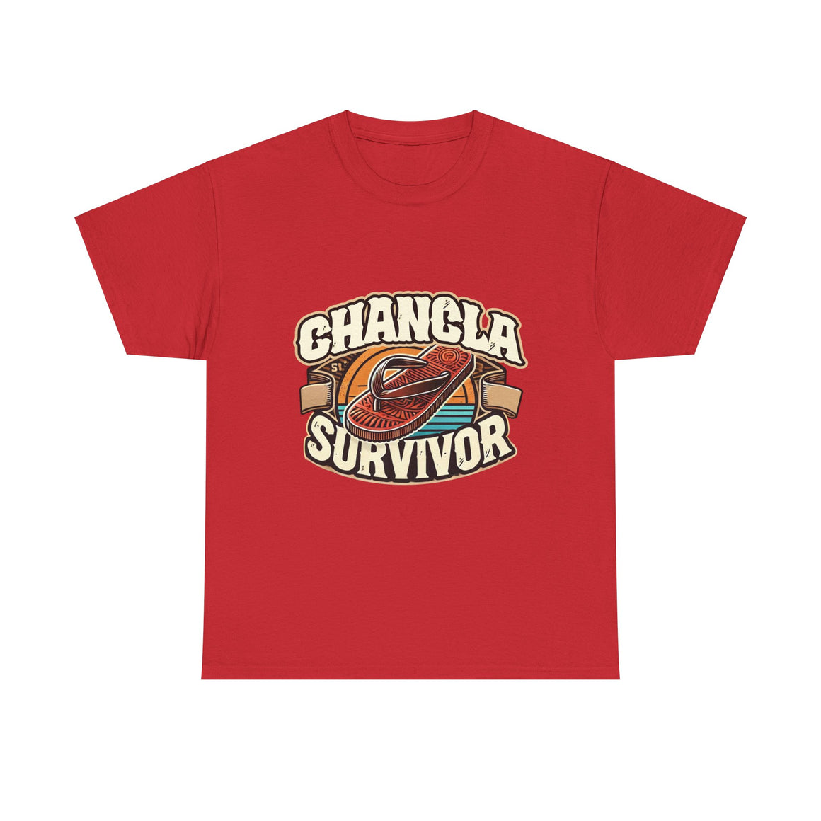 Red T-shirt featuring a retro-inspired 'Chancla Survivor' design with a graphic of a traditional sandal. Perfect for those with a sense of humor about family discipline and nostalgic cultural references.