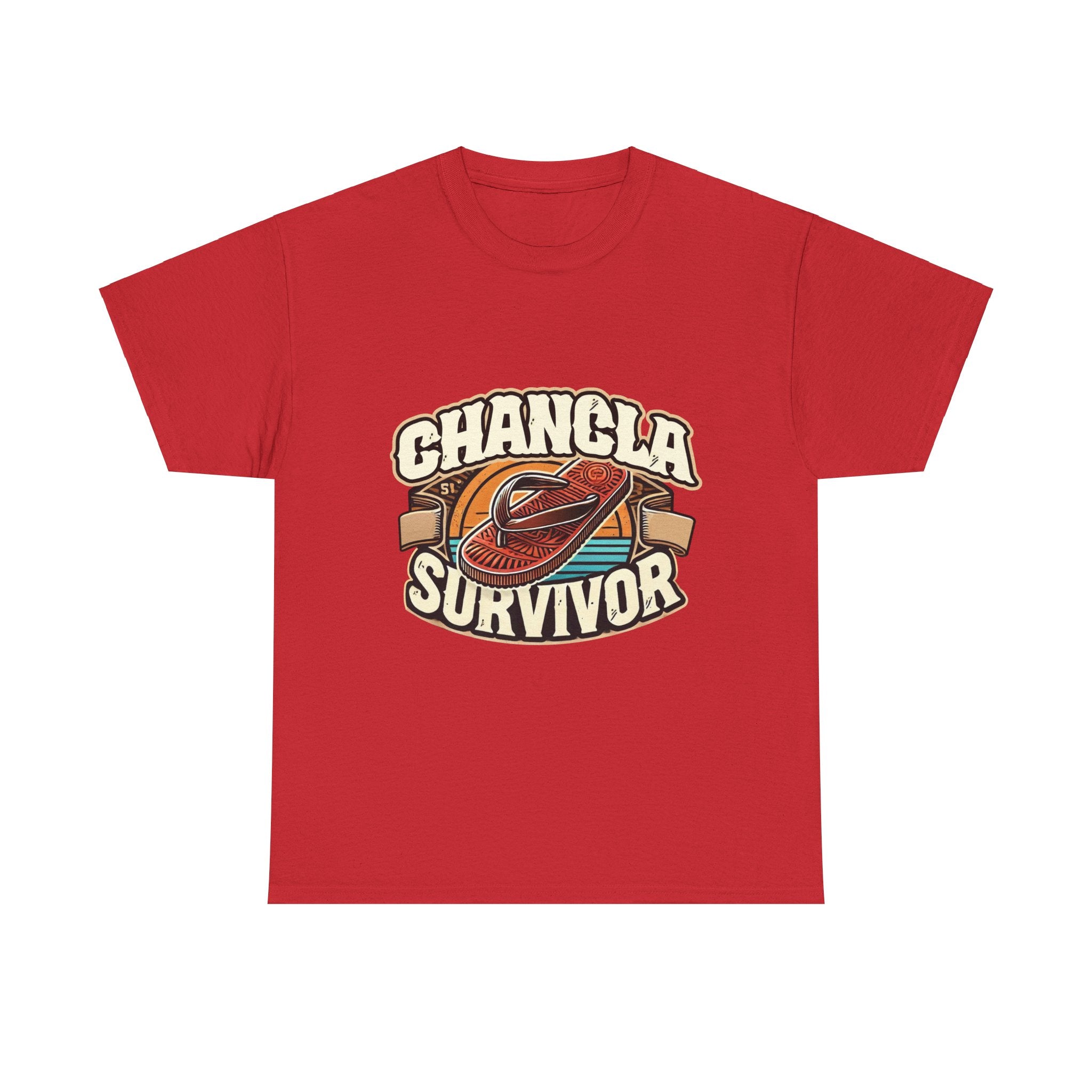 Red T-shirt featuring a retro-inspired 'Chancla Survivor' design with a graphic of a traditional sandal. Perfect for those with a sense of humor about family discipline and nostalgic cultural references.