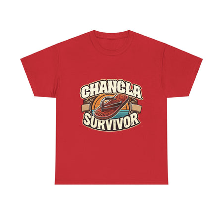 Red T-shirt featuring a retro-inspired 'Chancla Survivor' design with a graphic of a traditional sandal. Perfect for those with a sense of humor about family discipline and nostalgic cultural references.