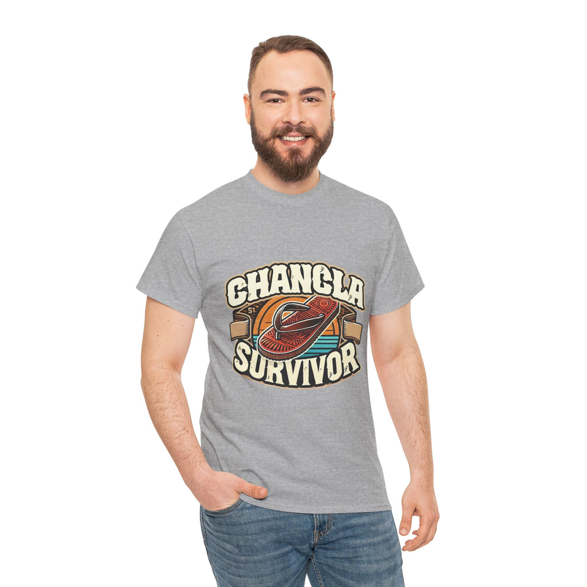 Funny Mexican t-shirt featuring the phrase 'Chancla Survivor. T-shirt featuring a retro-inspired 'Chancla Survivor' design with a graphic of a traditional sandal. Perfect for those with a sense of humor about family discipline and nostalgic cultural references.