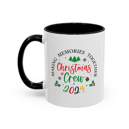 A white Festive Christmas Coffee Cup featuring a colorful "Christmas Crew 2024" design. The text reads "Making Memories Together" with holiday-themed icons, including Christmas trees, snowflakes, holly, and a small gift box. This cheerful cup is perfect for spreading holiday cheer and enjoying warm drinks during the festive season.