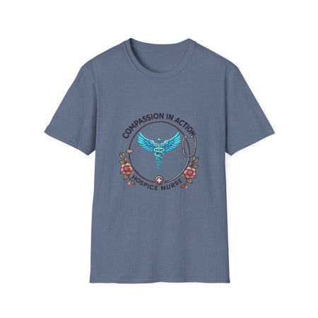 Hospice nurse t-shirt featuring the phrase 'Compassion in Action' with a medical caduceus symbol, flowers, and stethoscope graphic. Ideal for hospice nurses who bring compassion and care to their work.