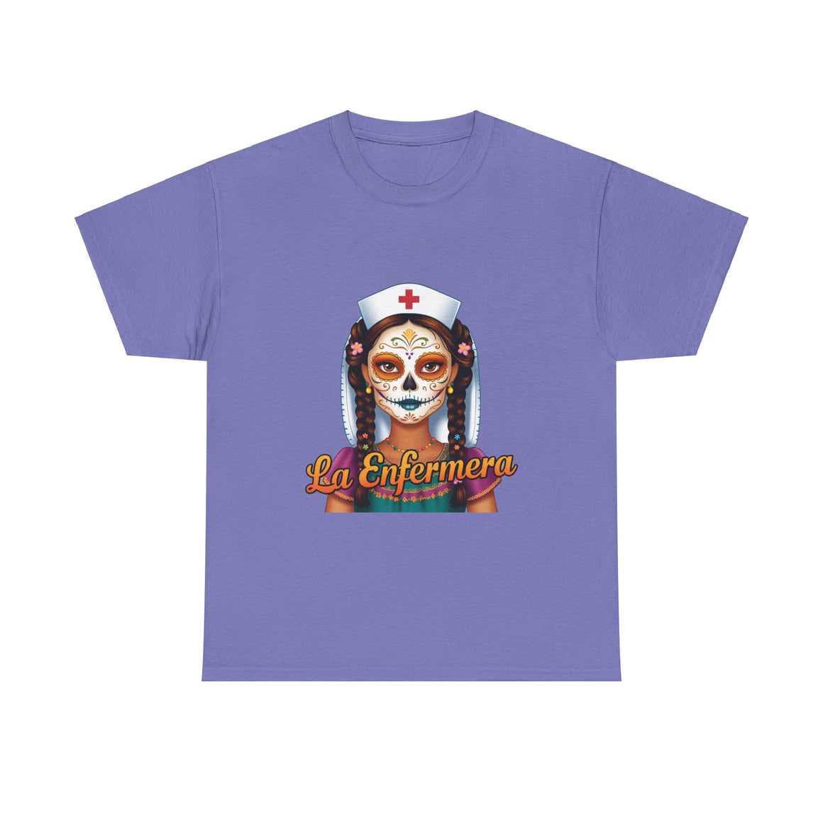 A picture of a nurse wearing a t shirt with a graphic of the day of the dead nurse on the front and it reads La Enfermera