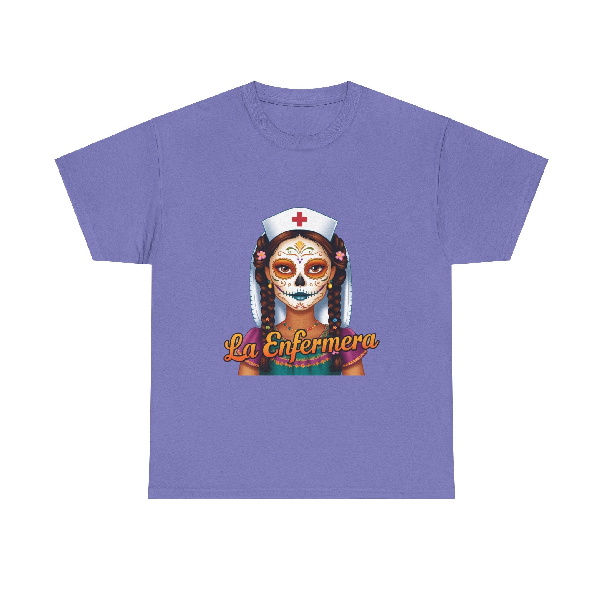 A picture of a nurse wearing a t shirt with a graphic of the day of the dead nurse on the front and it reads La Enfermera