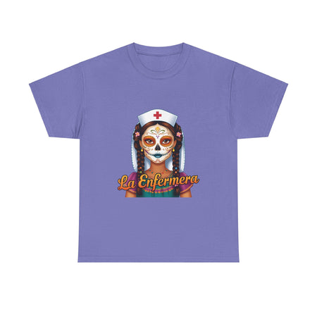 A picture of a nurse wearing a t shirt with a graphic of the day of the dead nurse on the front and it reads La Enfermera