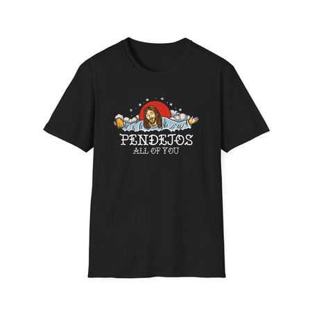 Back T-shirt featuring a humorous illustration with a relaxed figure holding a beer, accompanied by the bold text 'Pendejos All of You.' Ideal for those with a playful sense of humor and appreciation for edgy, lighthearted designs