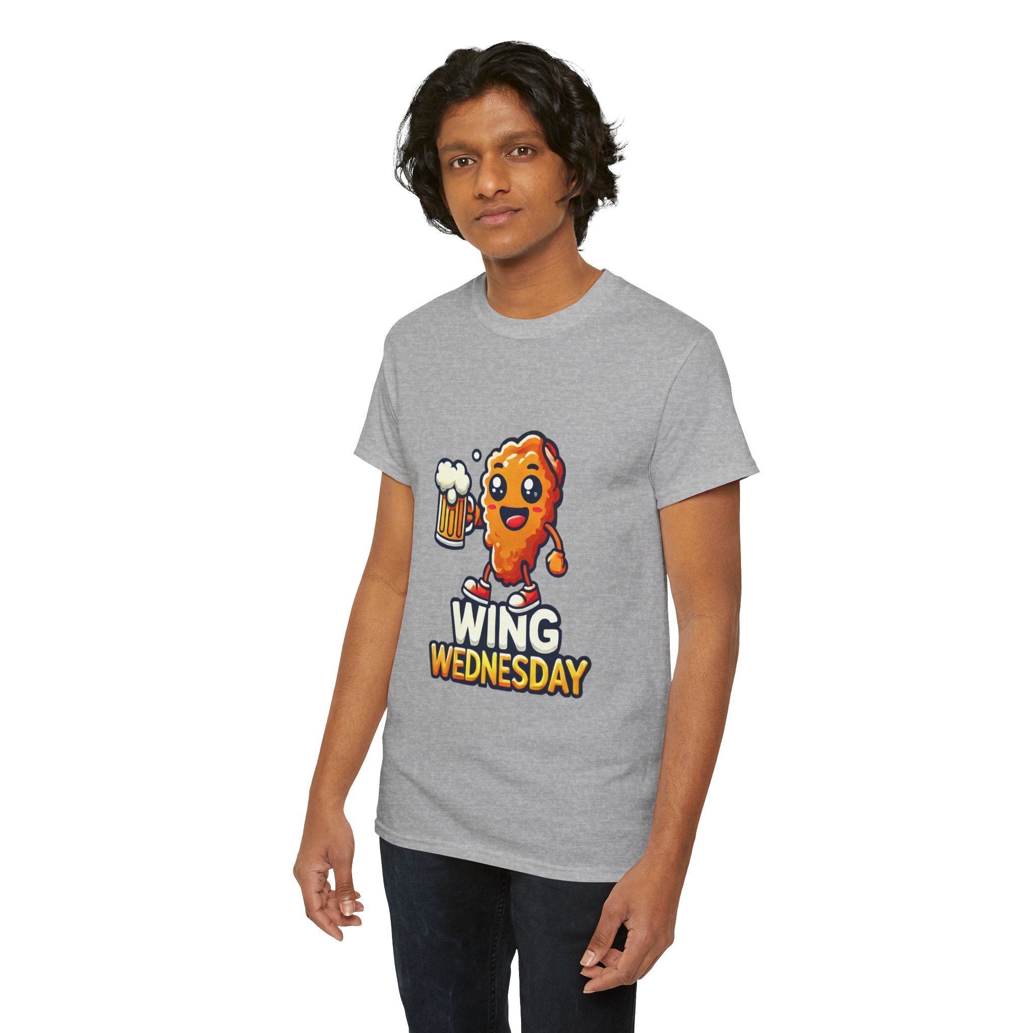 Wing Wednesday' t-shirt featuring a cheerful, cartoon-style chicken wing character holding a beer mug. Perfect for those who love celebrating Wing Wednesday with a fun and playful design.