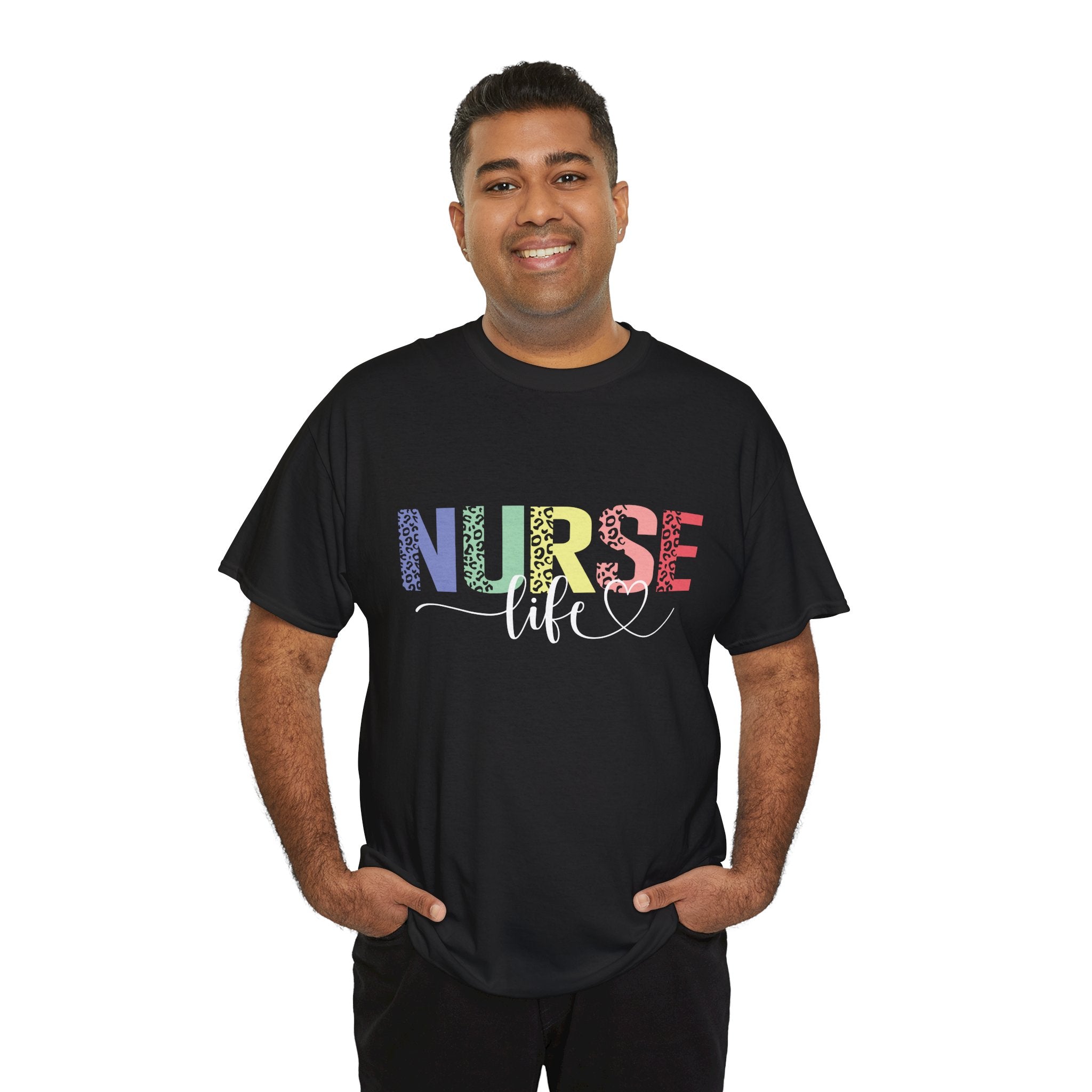 a man wearing A black t-shirt with a colorful 'Nurse Life' design, showcasing nurse life t-shirt nurse week ideas for a stylish and professional look.