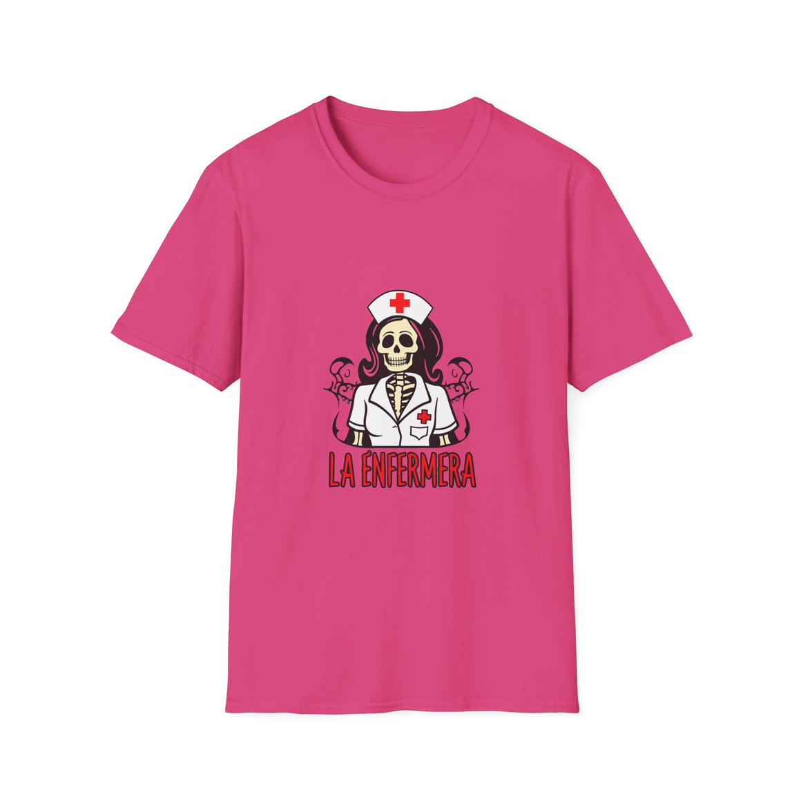 Illustration of a "La Enfermera Loteria Shirt" featuring a skeleton nurse in a white nurse's uniform with a red cross on the cap and chest. The design resembles a traditional loteria card with the text "La Enfermera" in bold red letters, perfect for Día de los Muertos and healthcare themes.