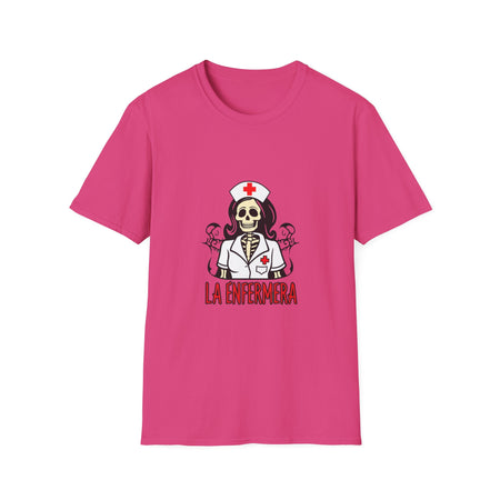 Illustration of a "La Enfermera Loteria Shirt" featuring a skeleton nurse in a white nurse's uniform with a red cross on the cap and chest. The design resembles a traditional loteria card with the text "La Enfermera" in bold red letters, perfect for Día de los Muertos and healthcare themes.