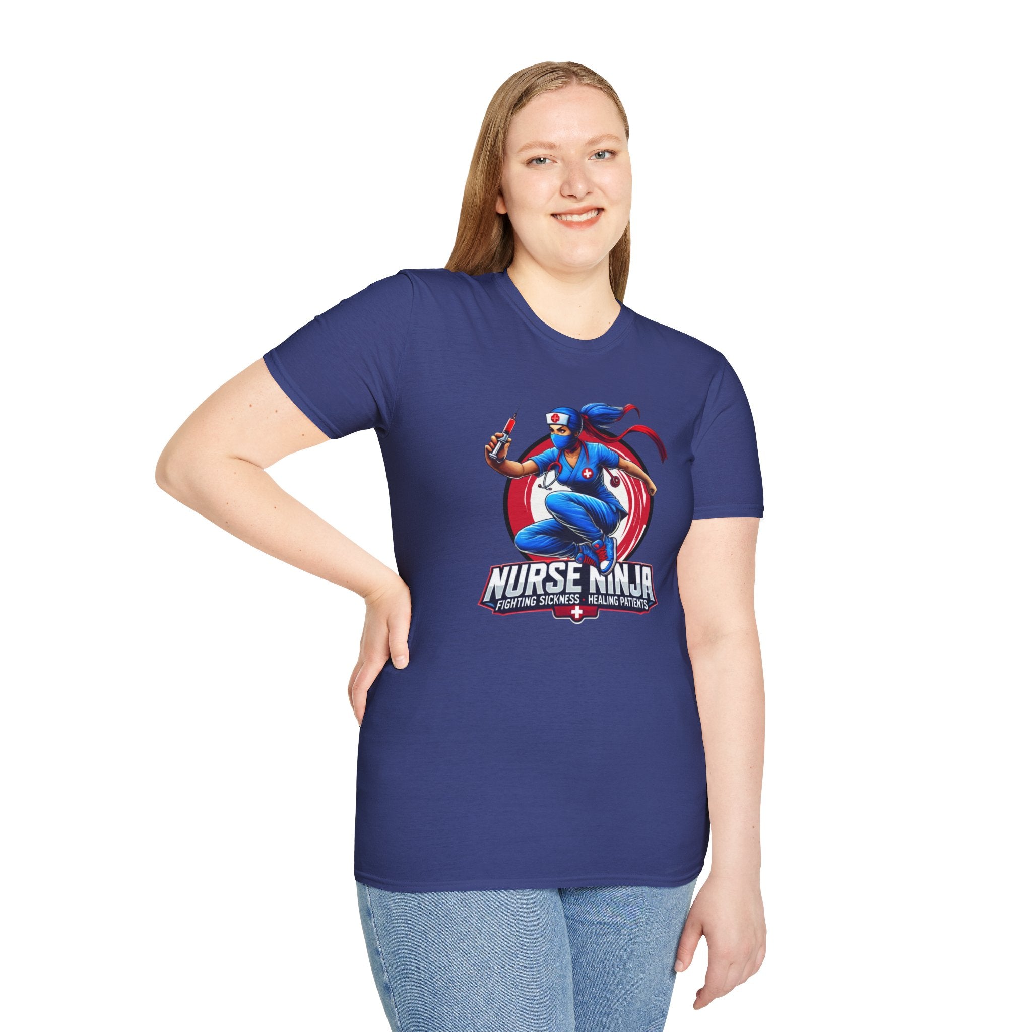 A T-shirt  featuring one of the Nurse Ninja t-shirt designs, depicting a dynamic nurse dressed as a ninja holding a syringe. The graphic includes the text "Nurse Ninja - Fighting Sickness, Healing Patients," showcasing a bold and heroic theme, perfect for healthcare professionals.
