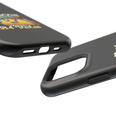 Black iPhone 16 magnetic phone case featuring a playful 'Tacos B4 Vatos' design with a cheerful taco character holding a frothy beer mug. Perfect for taco lovers who want a fun and unique phone accessory.