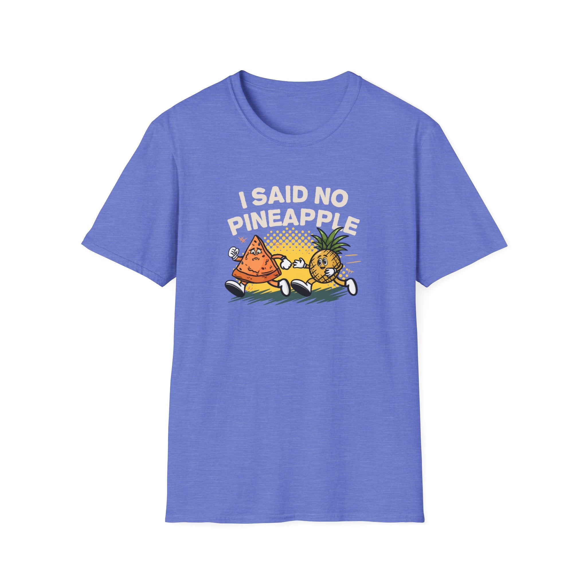 LIght Purple T-shirt featuring a humorous 'I Said No Pineapple' design with animated characters of a pizza slice and a pineapple in a playful scene. Perfect for pizza lovers with a sense of humor about the pineapple-on-pizza debate.