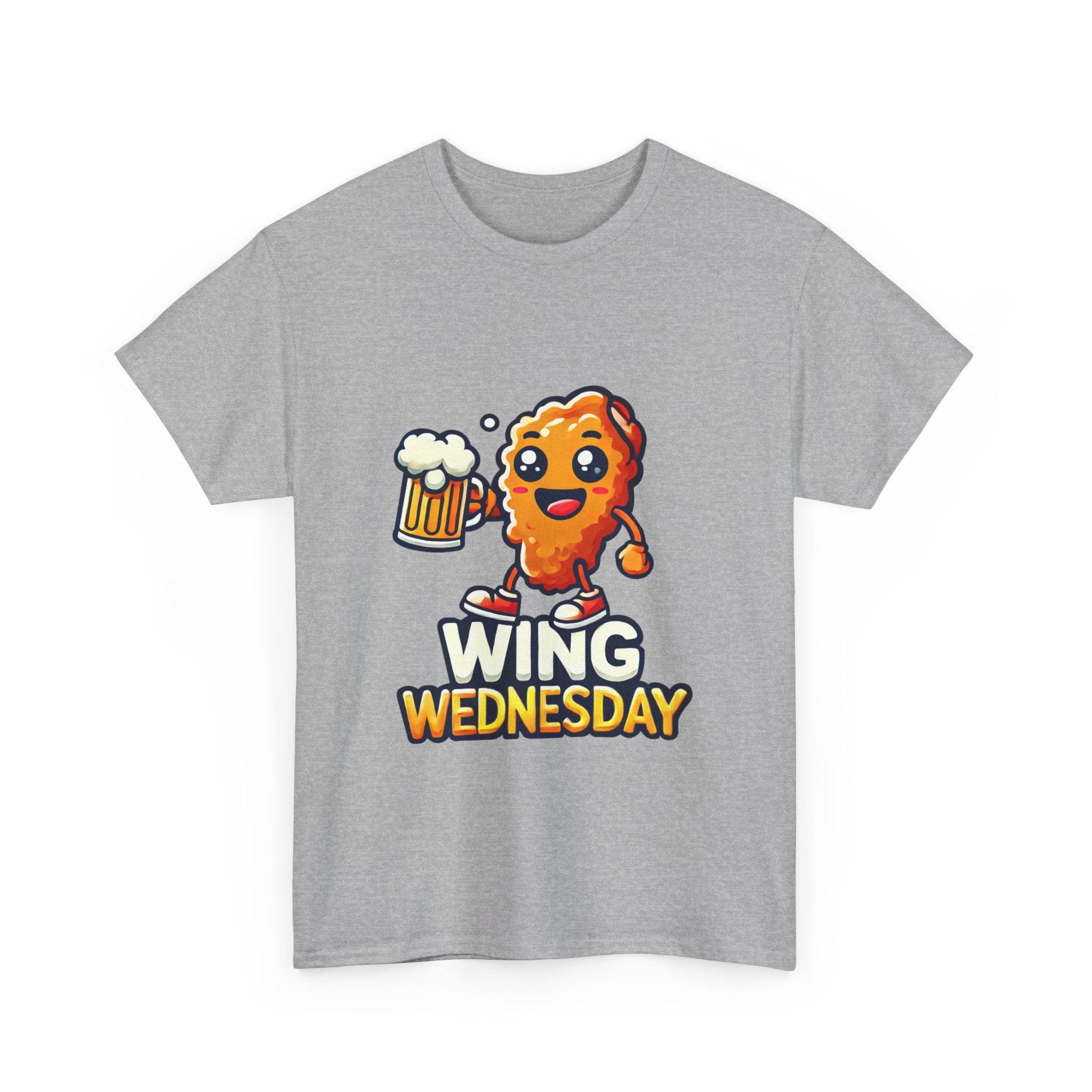 Wing Wednesday' t-shirt featuring a cheerful, cartoon-style chicken wing character holding a beer mug. Perfect for those who love celebrating Wing Wednesday with a fun and playful design.