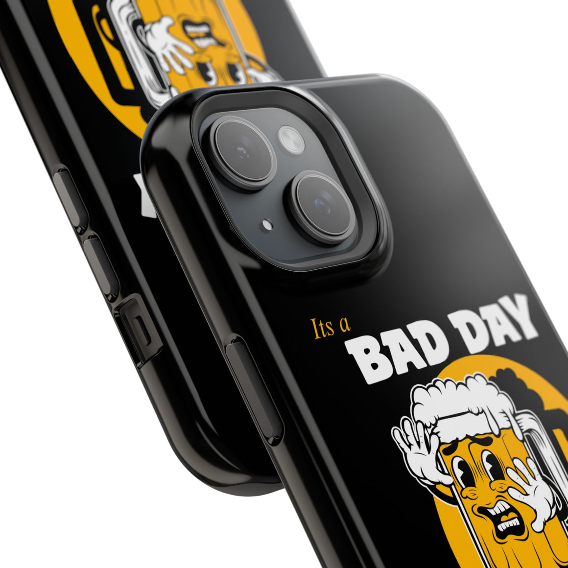 It's a Bad Day to Be a Beer Magnetic Tough Phone Case - Black case with humorous beer character design. Dual-layer protection with polycarbonate shell and flexible TPU lining. Compatible with MagSafe® accessories. Fun, durable phone case for beer lovers.