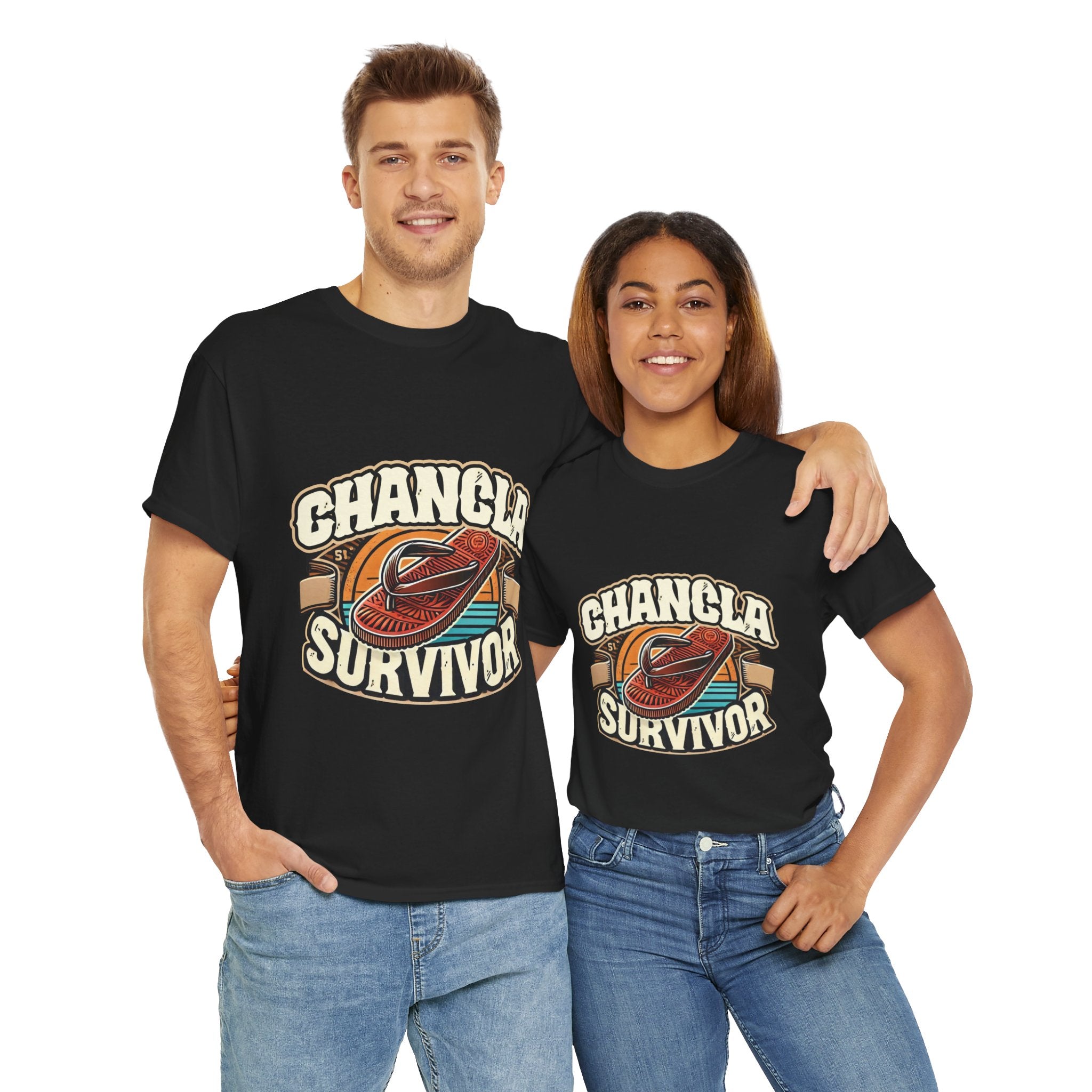 Funny Mexican t-shirt featuring the phrase 'Chancla Survivor. Black t-shirt featuring a retro-inspired 'Chancla Survivor' design with a graphic of a traditional sandal. Perfect for those with a sense of humor about family discipline and nostalgic cultural references.