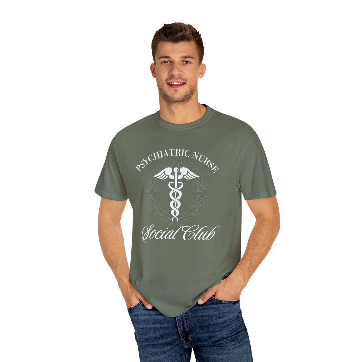 A nurse standing wearing a shirt that says Psychiatric Nurse Social Club and has a grapgic of a nurses caduceus