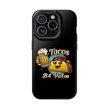 iPhone 16 magnetic phone case featuring a playful 'Tacos B4 Vatos' design with a cheerful taco character holding a frothy beer mug. Perfect for taco lovers who want a fun and unique phone accessory.