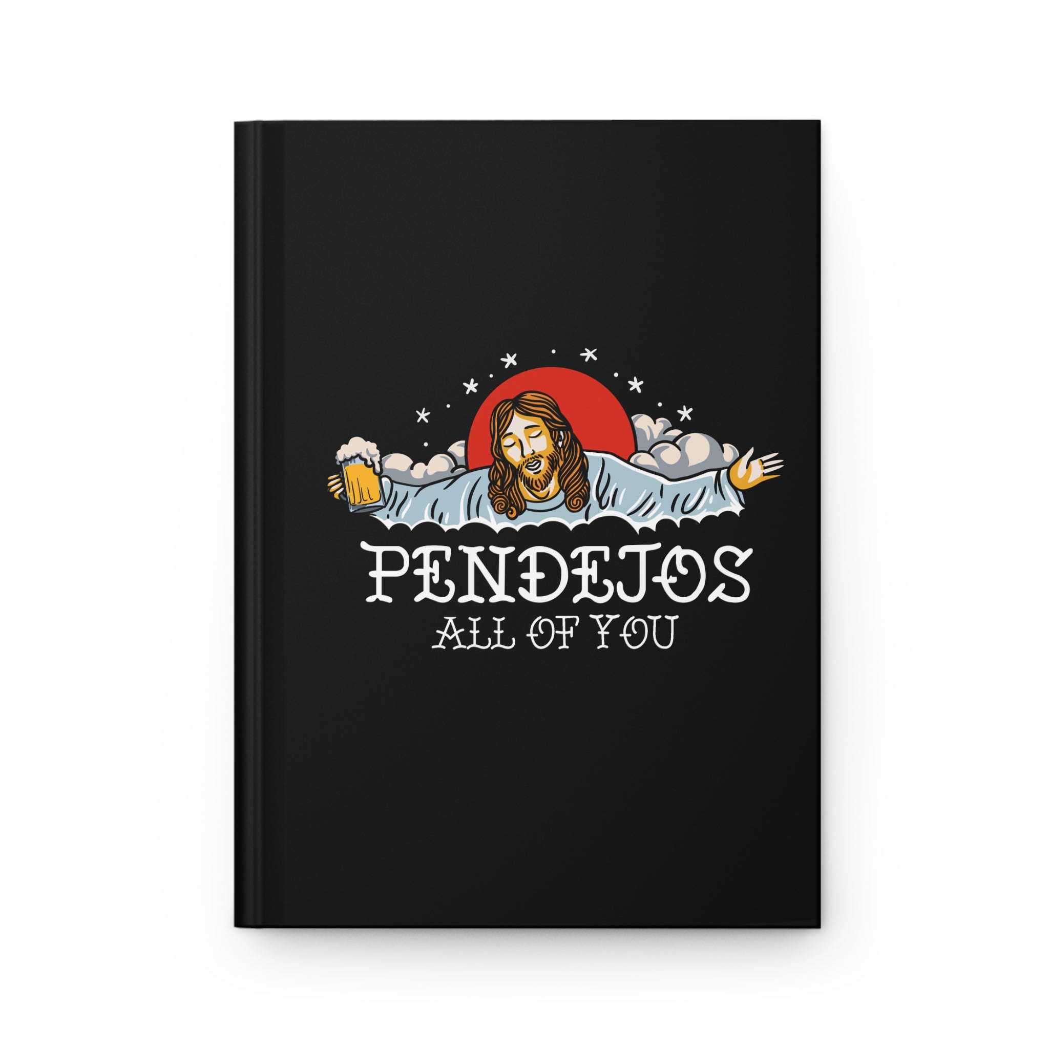 Illustration on a black journal cover featuring a humorous depiction of Jesus with outstretched arms, holding a mug of beer in one hand. The design includes a red sun in the background, clouds, and sta