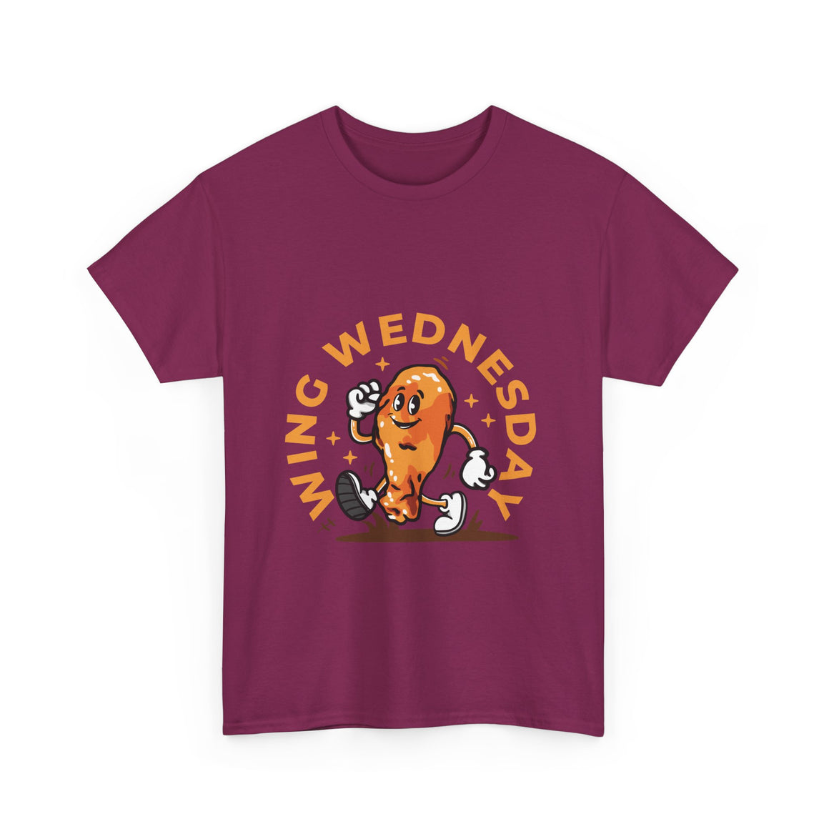 T-shirt featuring a fun 'Wing Wednesday' design with a cartoon-style chicken wing character in motion. Perfect for food lovers and those who enjoy celebrating Wing Wednesday in style.