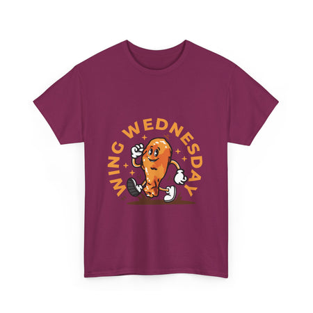 T-shirt featuring a fun 'Wing Wednesday' design with a cartoon-style chicken wing character in motion. Perfect for food lovers and those who enjoy celebrating Wing Wednesday in style.